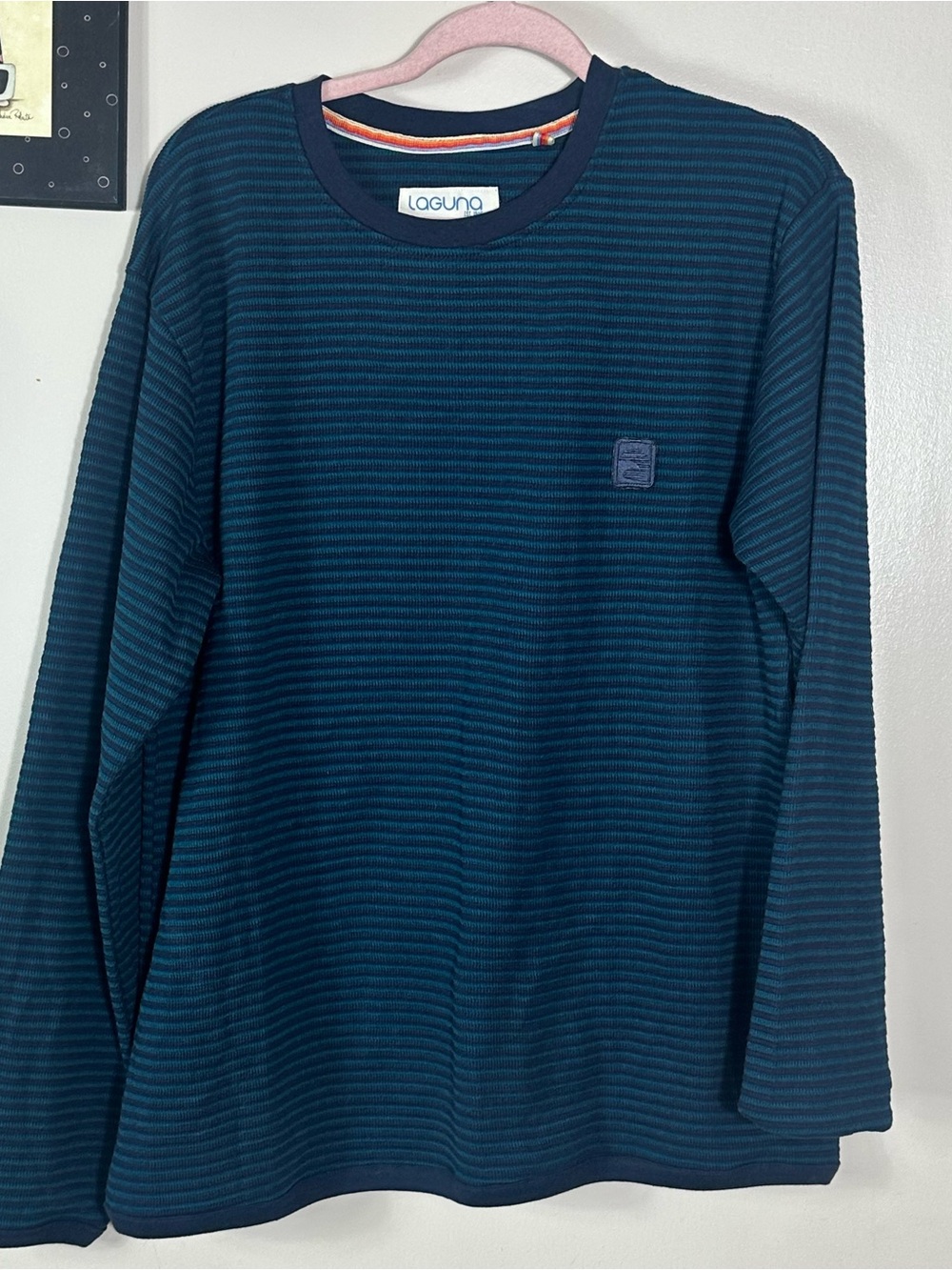 Laguna B Men's Teal and Navy Striped Crewneck Sweater